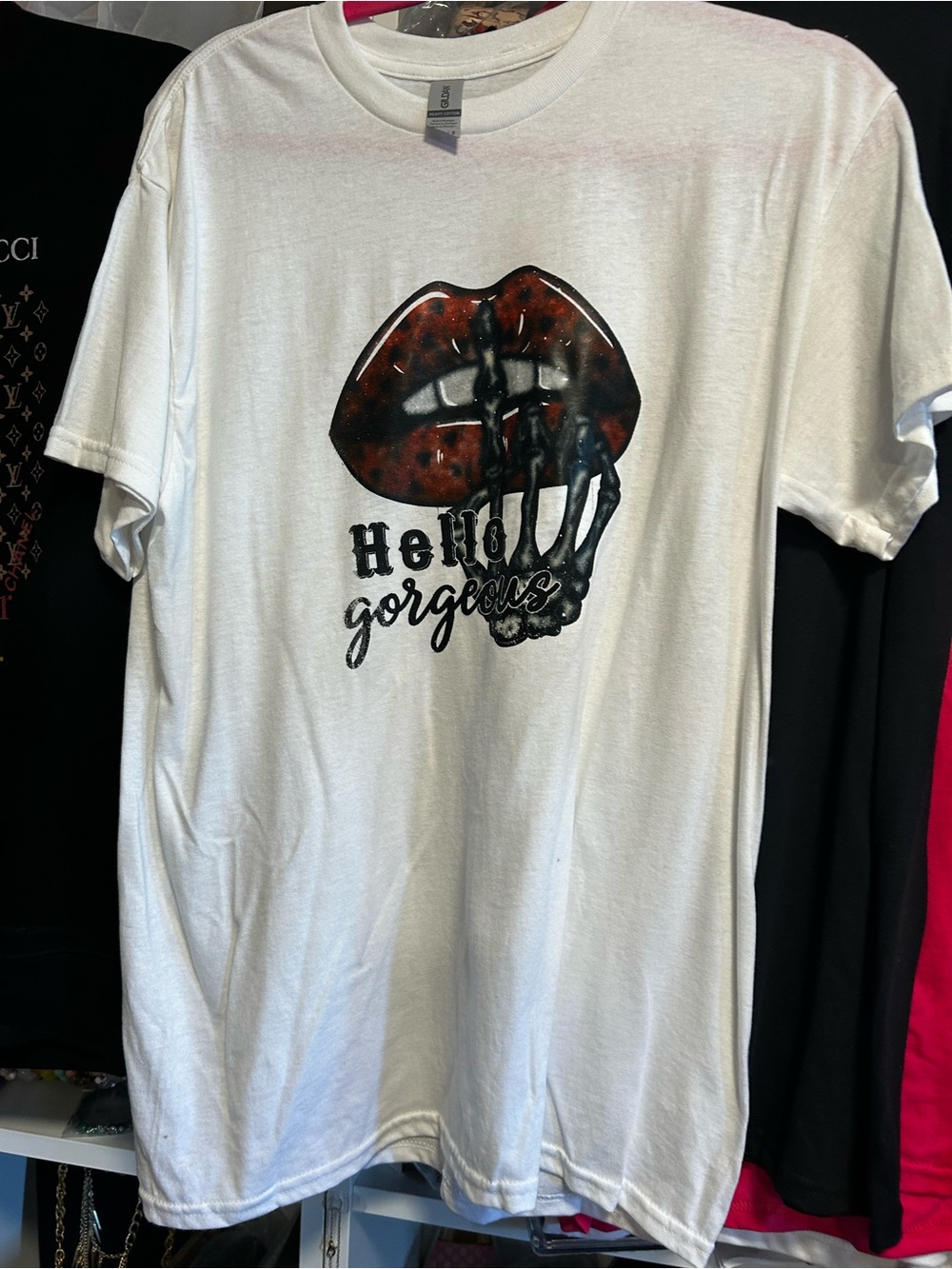 Gildan White Tee with Red and Black Graphic